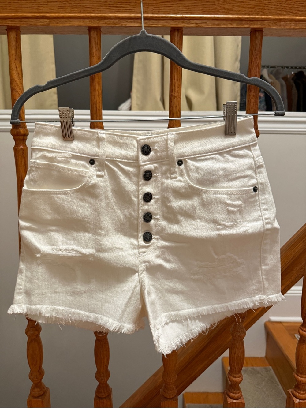 Abercrombie & Fitch White Button-Front Frayed Denim Shorts